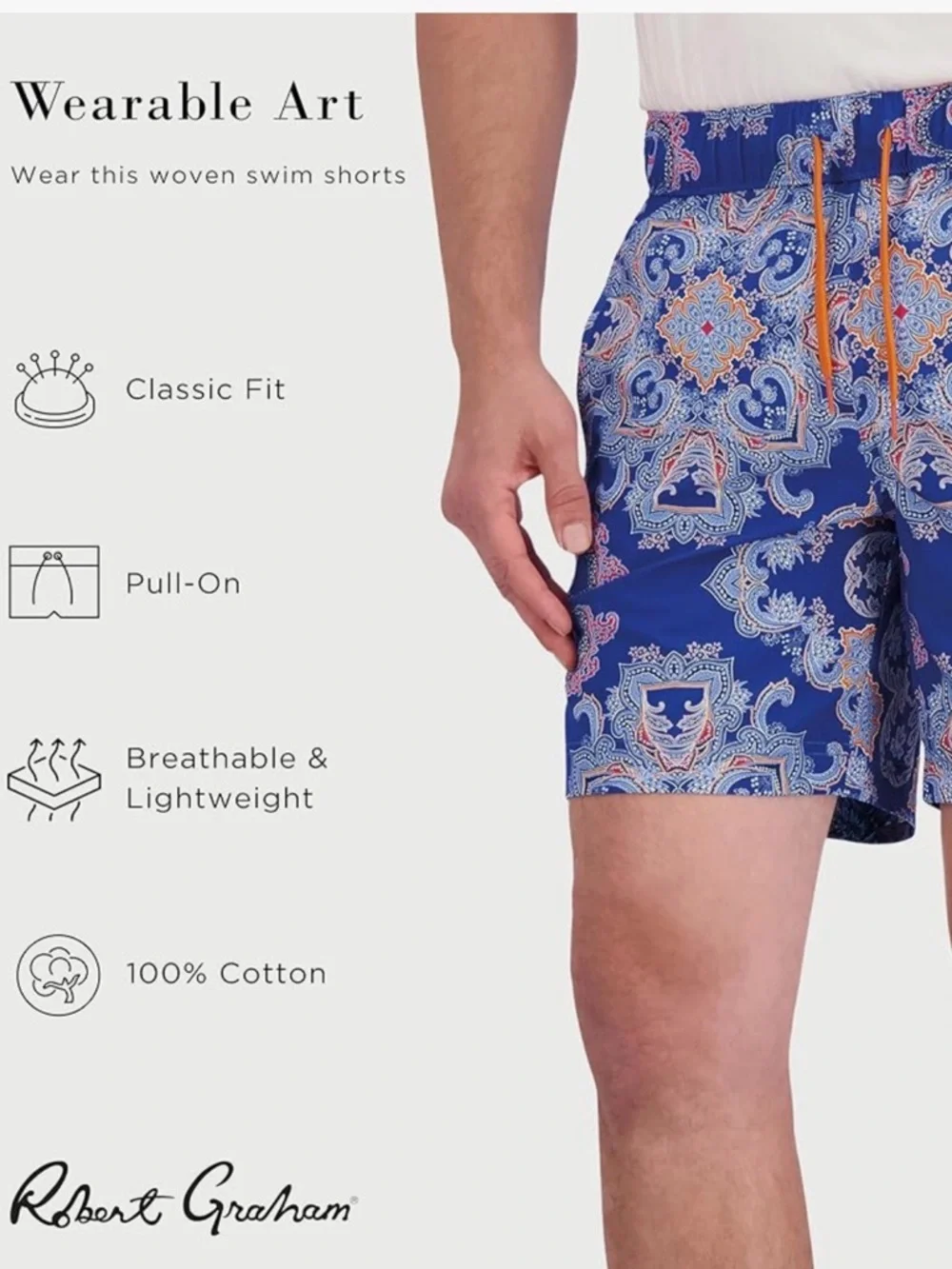 NWT 2XL Robert Graham Blue Paisley Swim Trunks with Orange Drawstring